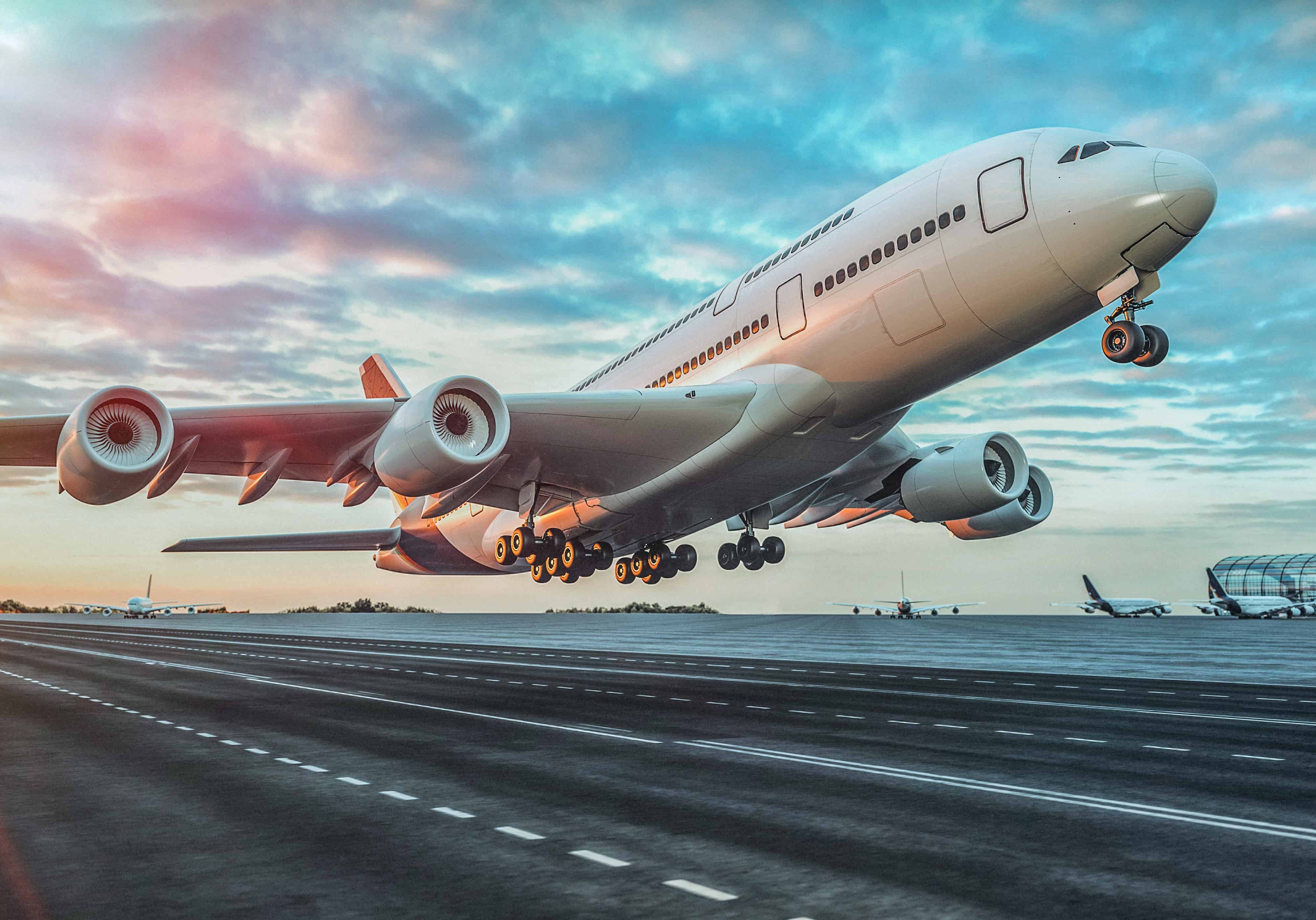 Airplane taking off from the airport. 3d render and illustration.
